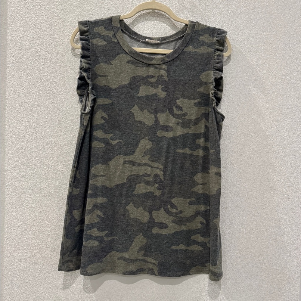 JODIFL Green Brown Ruffled Muscle Tee Tank Top